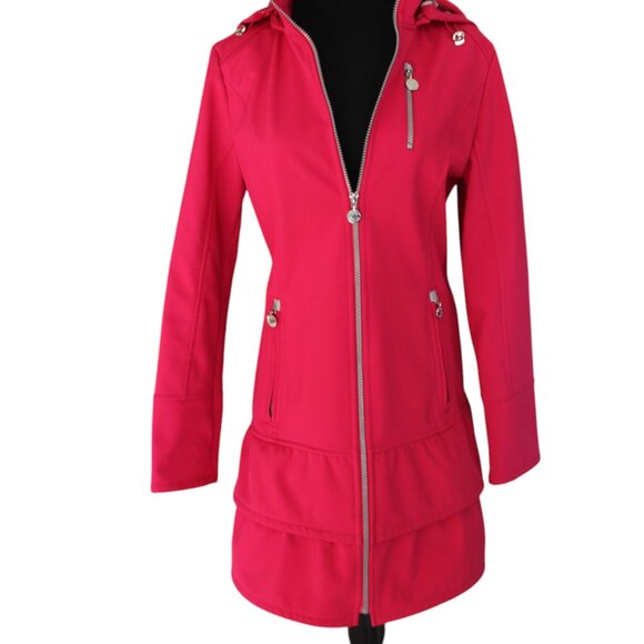 Betsey Johnson Soft Shell Hooded Coat Pink Water Repellent Ruffle, Size M, EUC - Picture 6 of 16